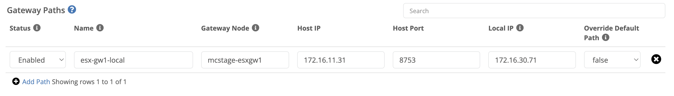Screenshot of the gateway paths table